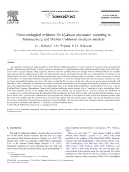 Ethno-Ecological Evidence for Hydnora Abyssinica Occurring in Johannesburg and Durban Traditional Medicine Markets ⁎ V.L