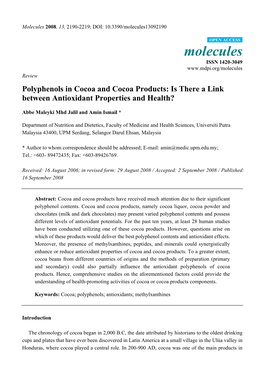 Polyphenols in Cocoa and Cocoa Products: Is There a Link Between Antioxidant Properties and Health?