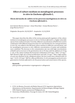 Effect of Culture Medium on Morphogenic Processes in Vitro in Cinchona Officinalis L