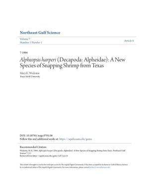 Alpheopsis Harperi (Decapoda: Alpheidae): a New Species of Snapping Shrimp from Texas Mary K