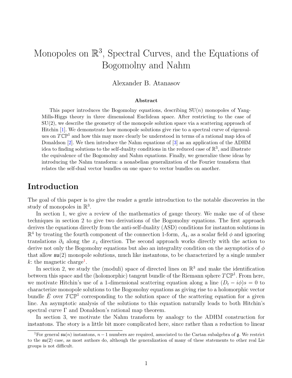 Spectral Curves, and the Equations of Bogomolny and Nahm