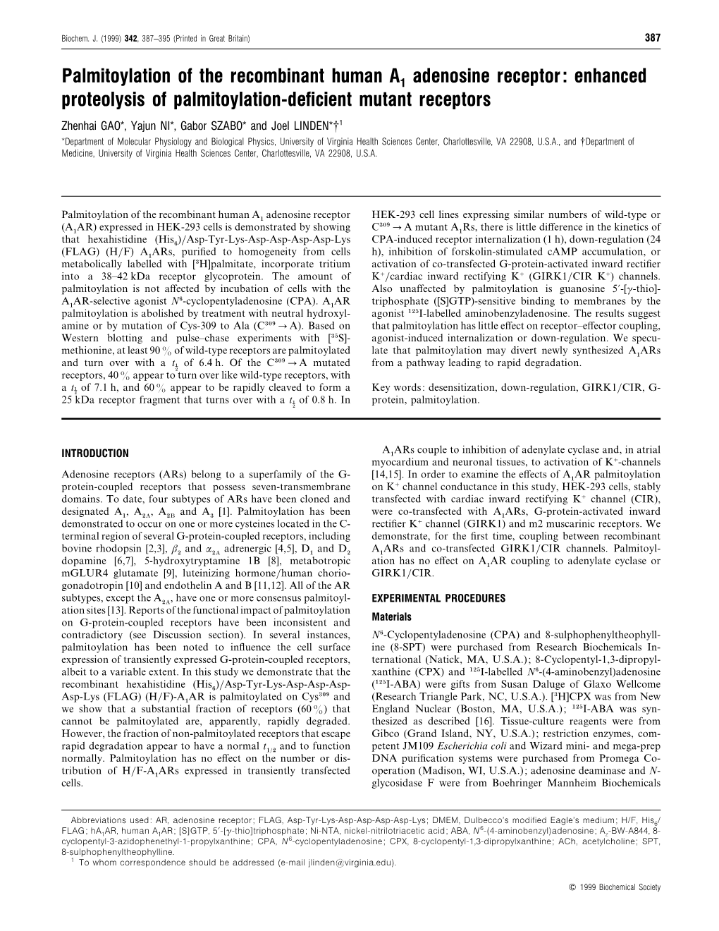 Palmitoylation of the Recombinant Human A1 Adenosine Receptor