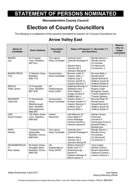 STATEMENT of PERSONS NOMINATED Election of County Councillors