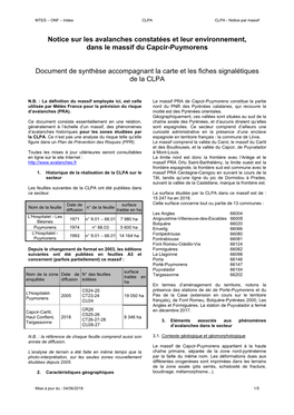 Notice Sur Les Avalanches Constatées Et Leur Environnement, Dans Le Massif Du Capcir-Puymorens Document De Synthèse Accompagna