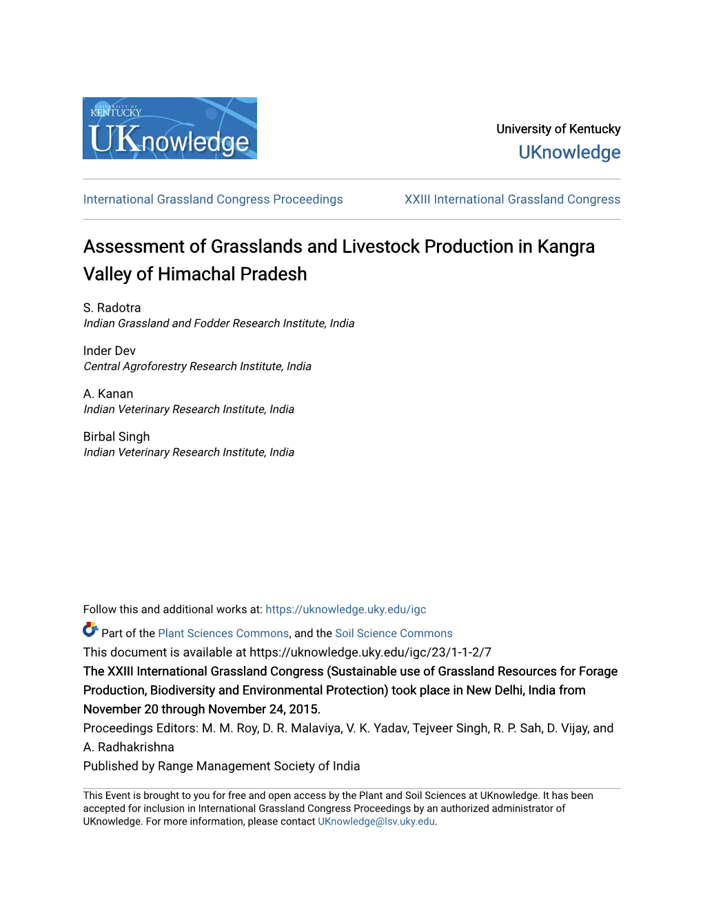 Assessment of Grasslands and Livestock Production in Kangra Valley of Himachal Pradesh