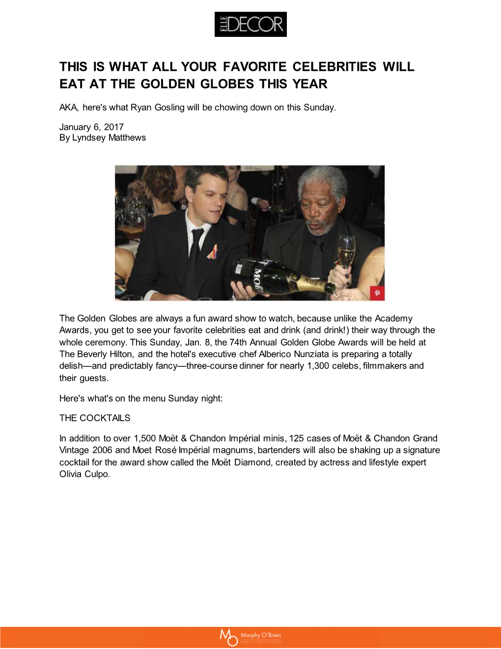 This Is What All Your Favorite Celebrities Will Eat at the Golden Globes This Year