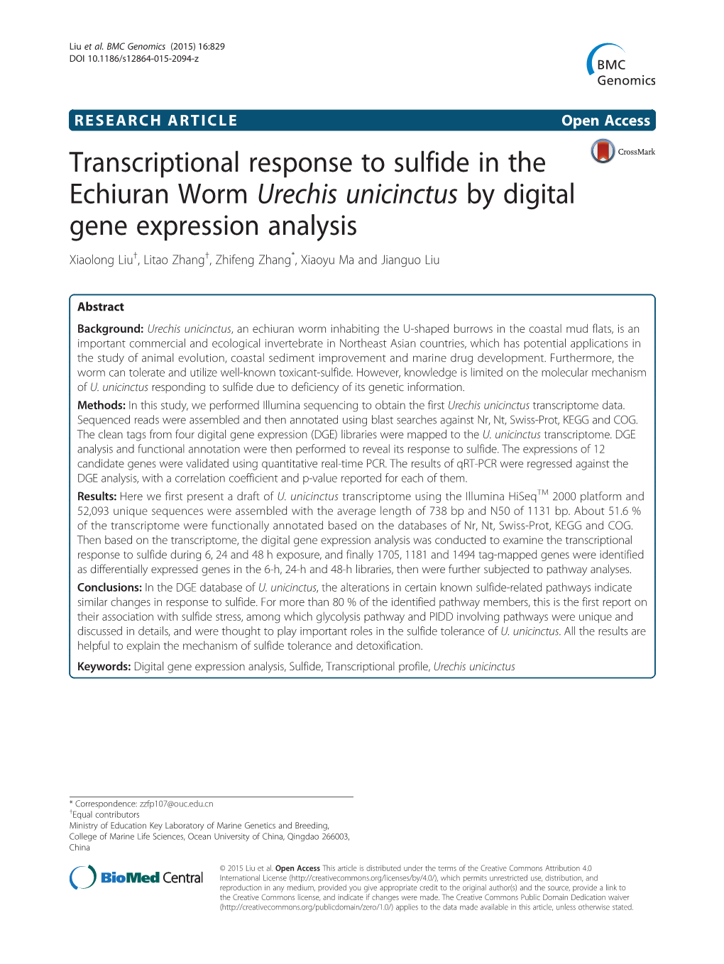 Urechis Unicinctus by Digital Gene Expression Analysis Xiaolong Liu†, Litao Zhang†, Zhifeng Zhang*, Xiaoyu Ma and Jianguo Liu