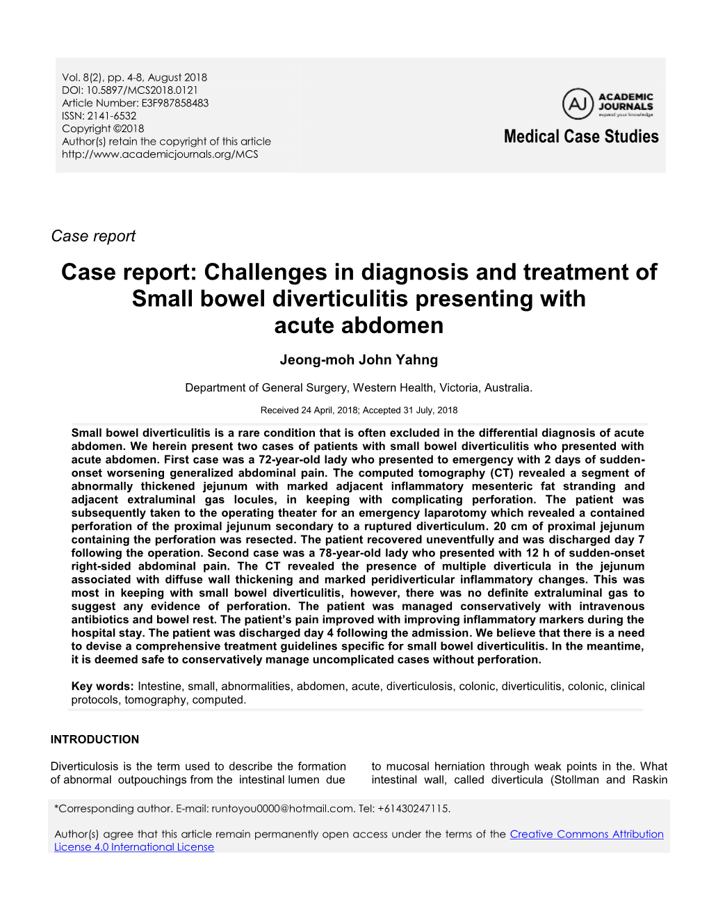 Case Report: Challenges in Diagnosis and Treatment of Small Bowel Diverticulitis Presenting with Acute Abdomen