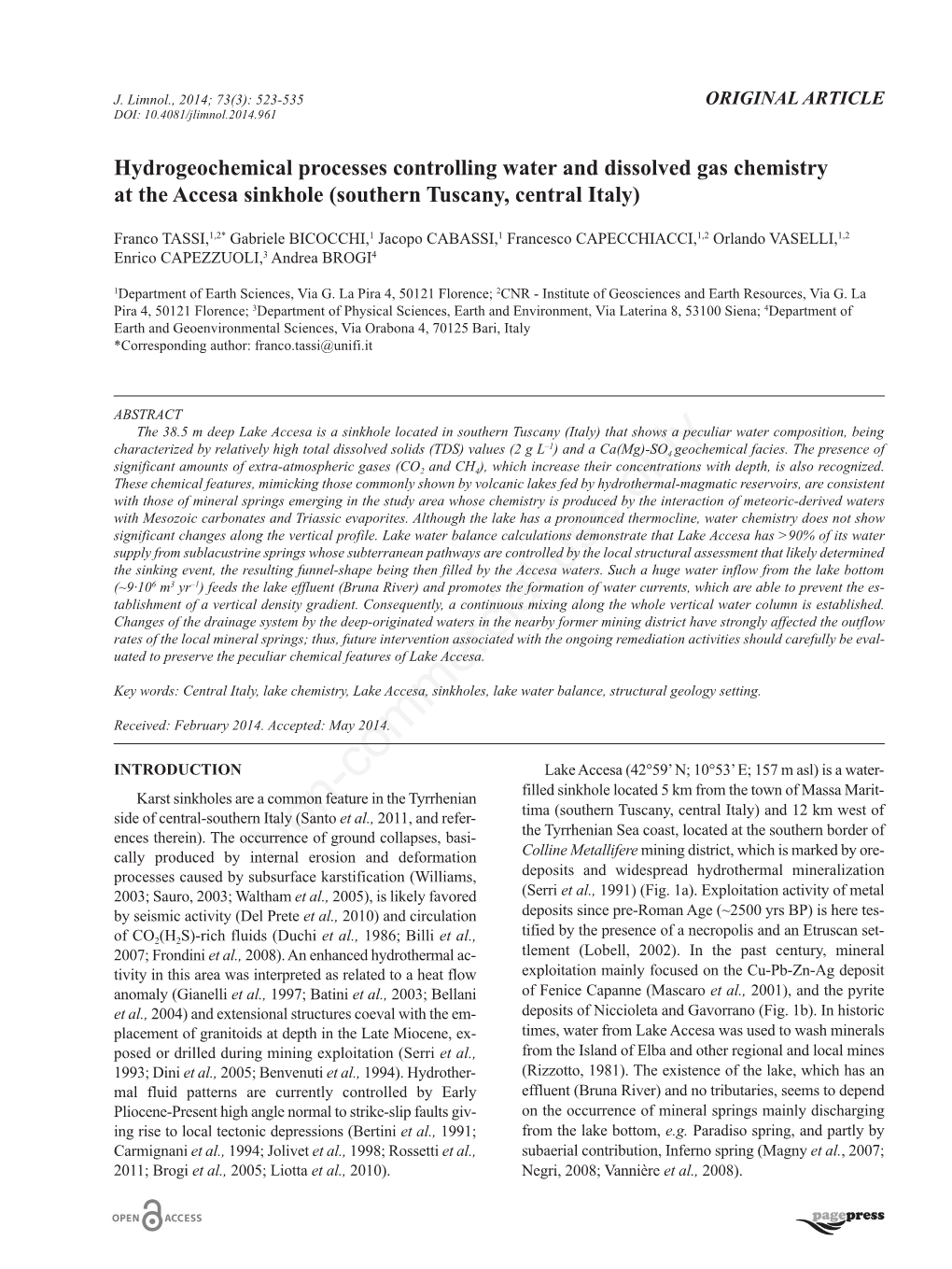 Hydrogeochemical Processes Controlling Water and Dissolved Gas Chemistry at the Accesa Sinkhole (Southern Tuscany, Central Italy)