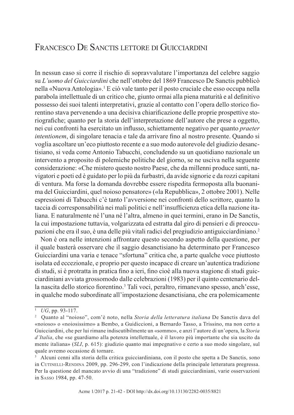 FRANCESCO DE SANCTIS LETTORE DI GUICCIARDINI in Nessun Caso Si Corre Il Rischio Di Sopravvalutare L'importanza Del Celebre Sa