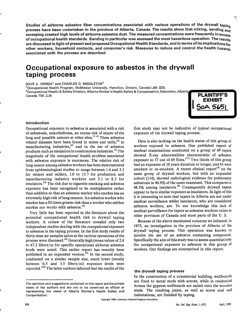 Occupational Exposure to Asbestos in the Drywall Taping Process