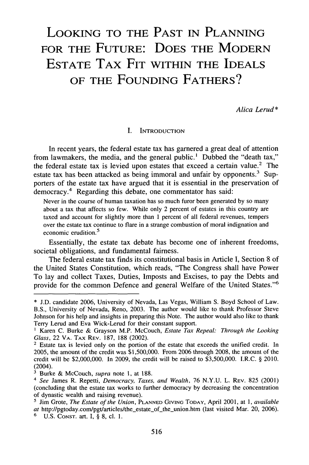 Looking to the Past in Planning for the Future: Does the Modern Estate Tax Fit Within the Ideals of the Founding Fathers?