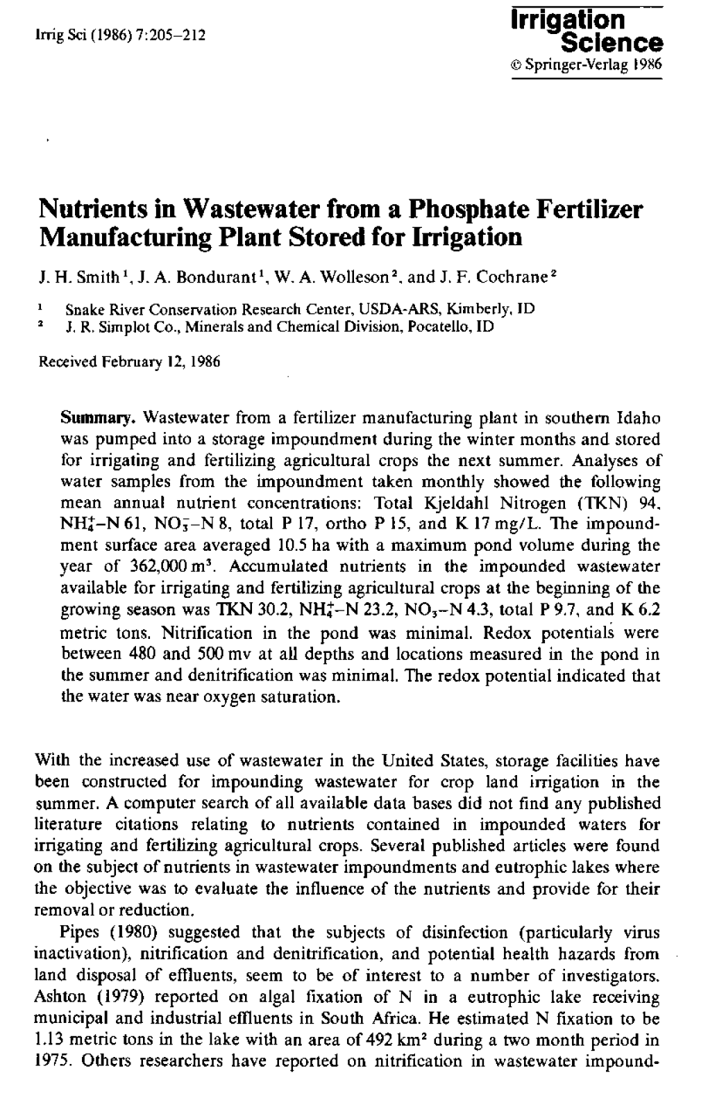 Irrigation Science .3 Springer-Verlag 1986