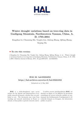 Winter Drought Variations Based on Tree-Ring Data in Gaoligong Mountain, Northwestern Yunnan, China, A