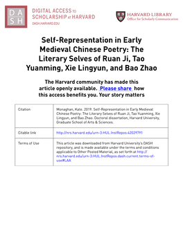 Self-Representation in Early Medieval Chinese Poetry: the Literary Selves of Ruan Ji, Tao Yuanming, Xie Lingyun, and Bao Zhao