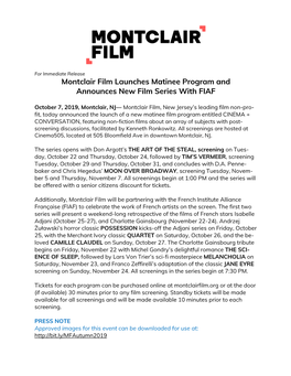 Montclair Film Launches Matinee Program and FIAF Partnership