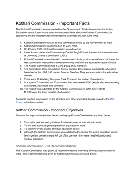Kothari Commission - Important Facts