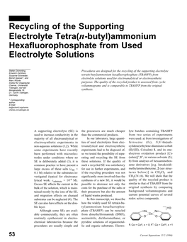 Recycling of the Supporting Electrolyte Tetra(N-Butyl)Ammonium Hexafluorophosphate from Used Electrolyte Solutions