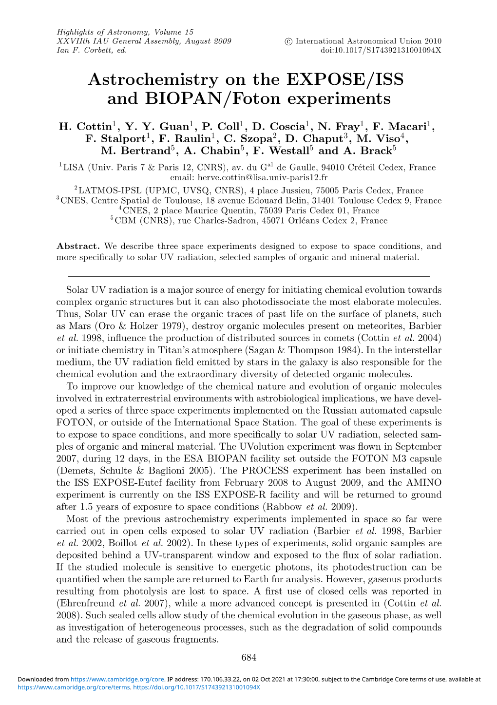 Astrochemistry on the EXPOSE/ISS and BIOPAN/Foton Experiments