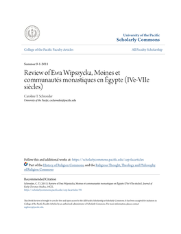 Review of Ewa Wipszycka, Moines Et Communautés Monastiques En Égypte (Ive-Viie Siècles) Caroline T
