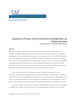 Stopping the Presses: Private Universities and Gag Orders on Media Interviews Frank Lomonte and Linda Riedemann Norbut