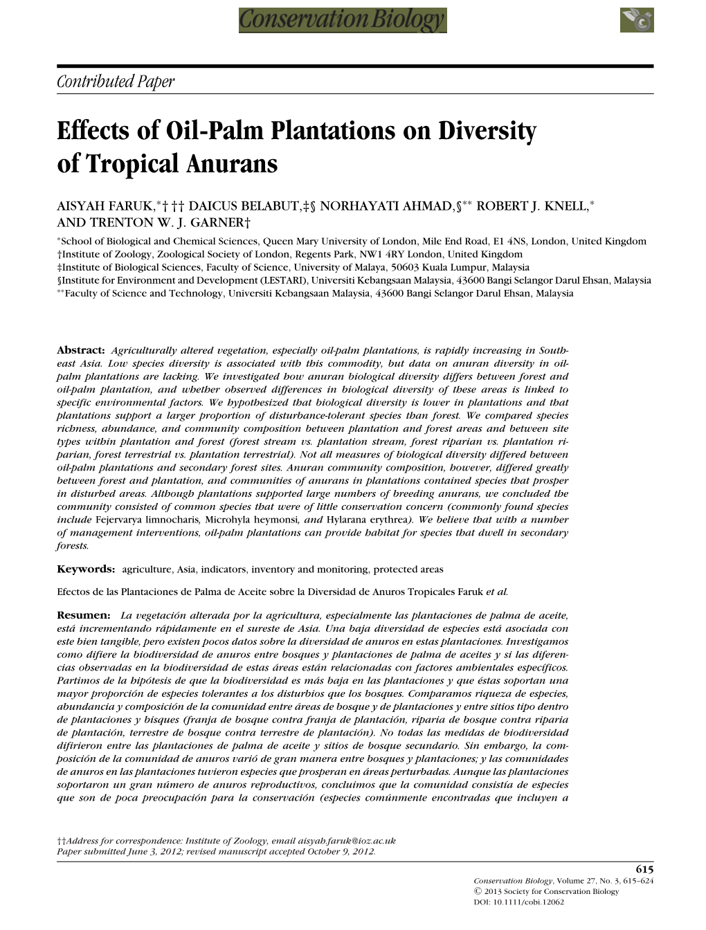 Effects of Oilpalm Plantations on Diversity of Tropical Anurans