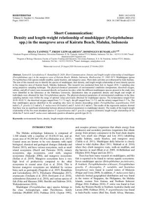 Density and Length-Weight Relationship of Mudskipper (Periophthalmus Spp.) in the Mangrove Area of Kairatu Beach, Maluku, Indonesia