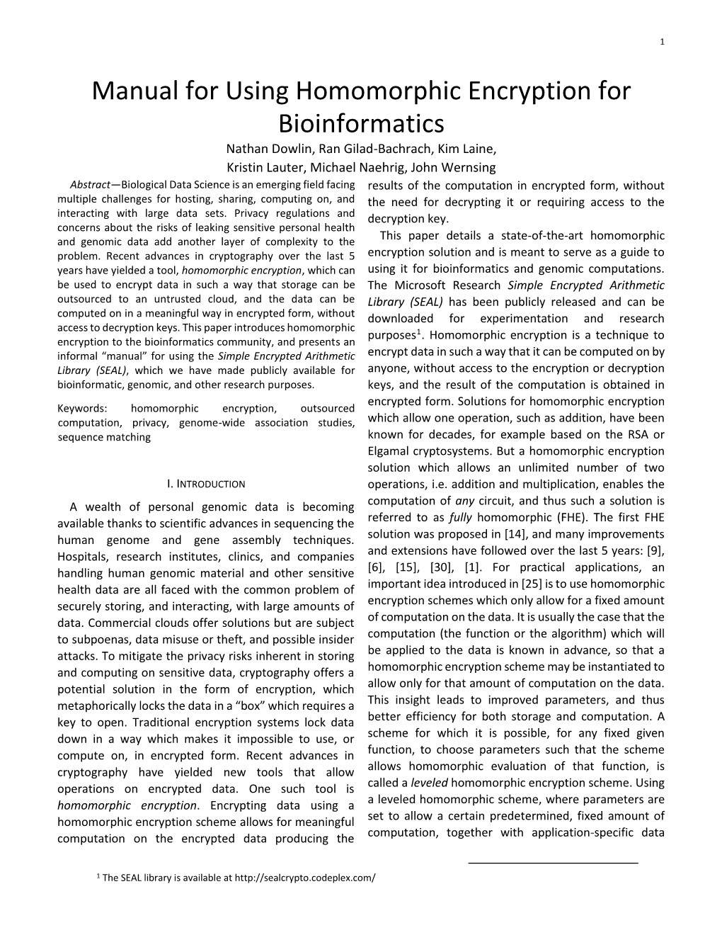 Manual for Using Homomorphic Encryption for Bioinformatics