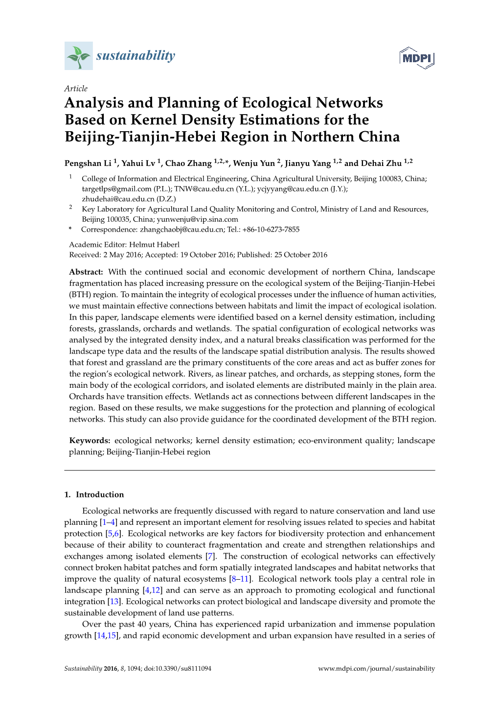 Analysis and Planning of Ecological Networks Based on Kernel Density Estimations for the Beijing-Tianjin-Hebei Region in Northern China