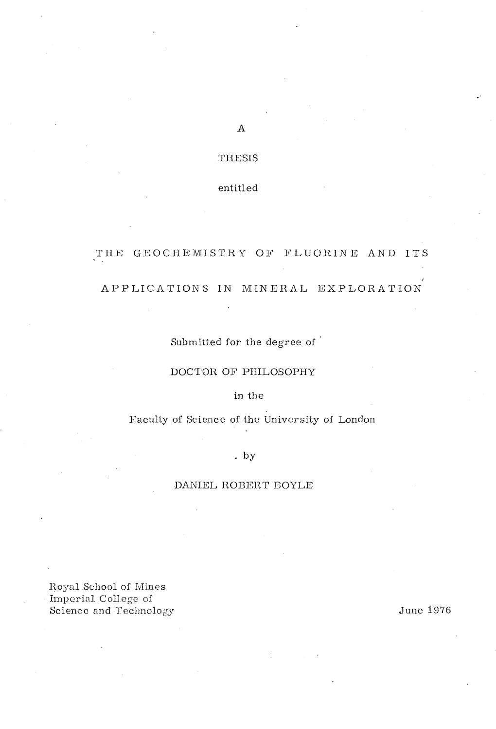 THESIS Entitled the GEOCHEMISTRY of FLUORINE