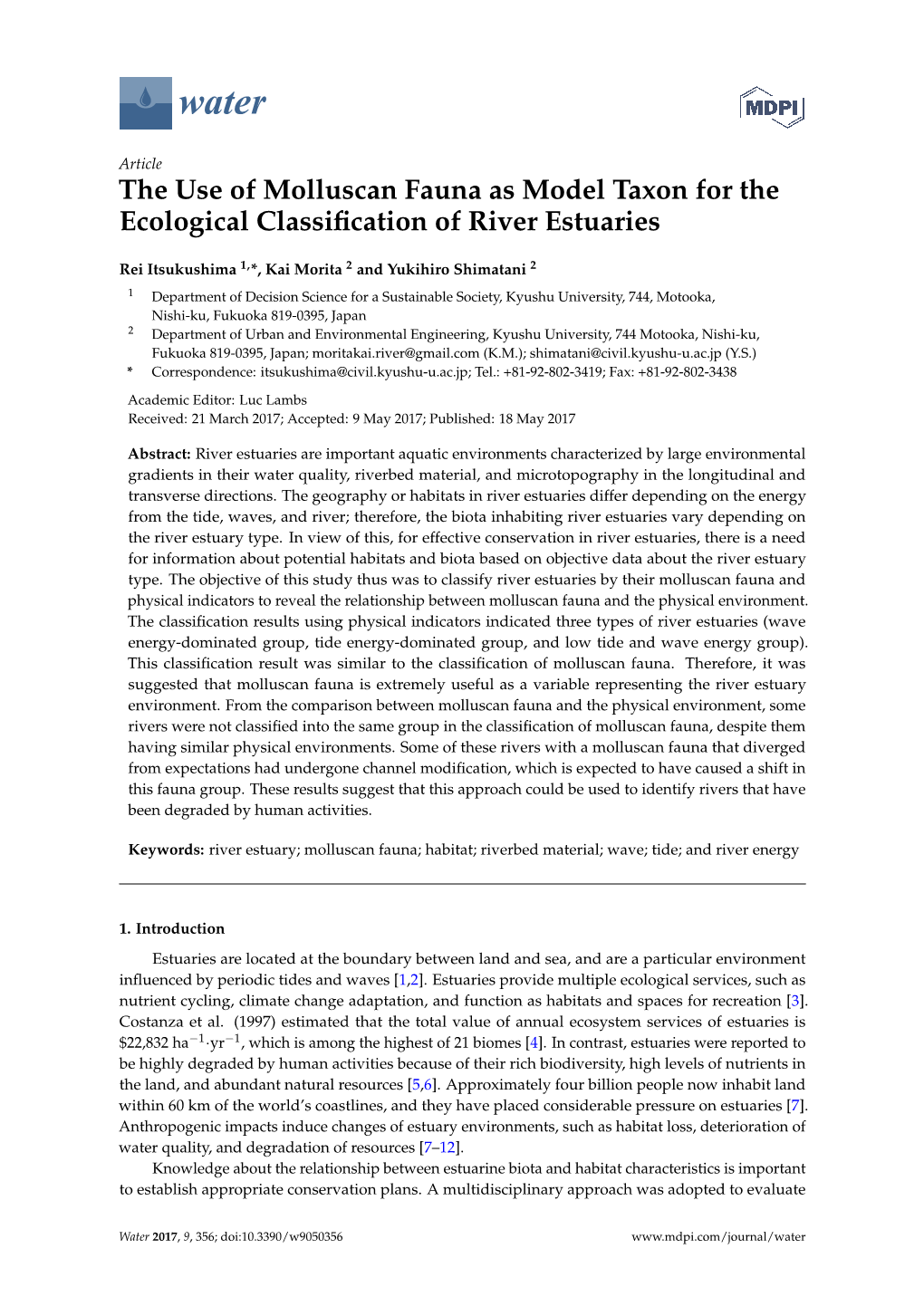 The Use of Molluscan Fauna As Model Taxon for the Ecological Classiﬁcation of River Estuaries