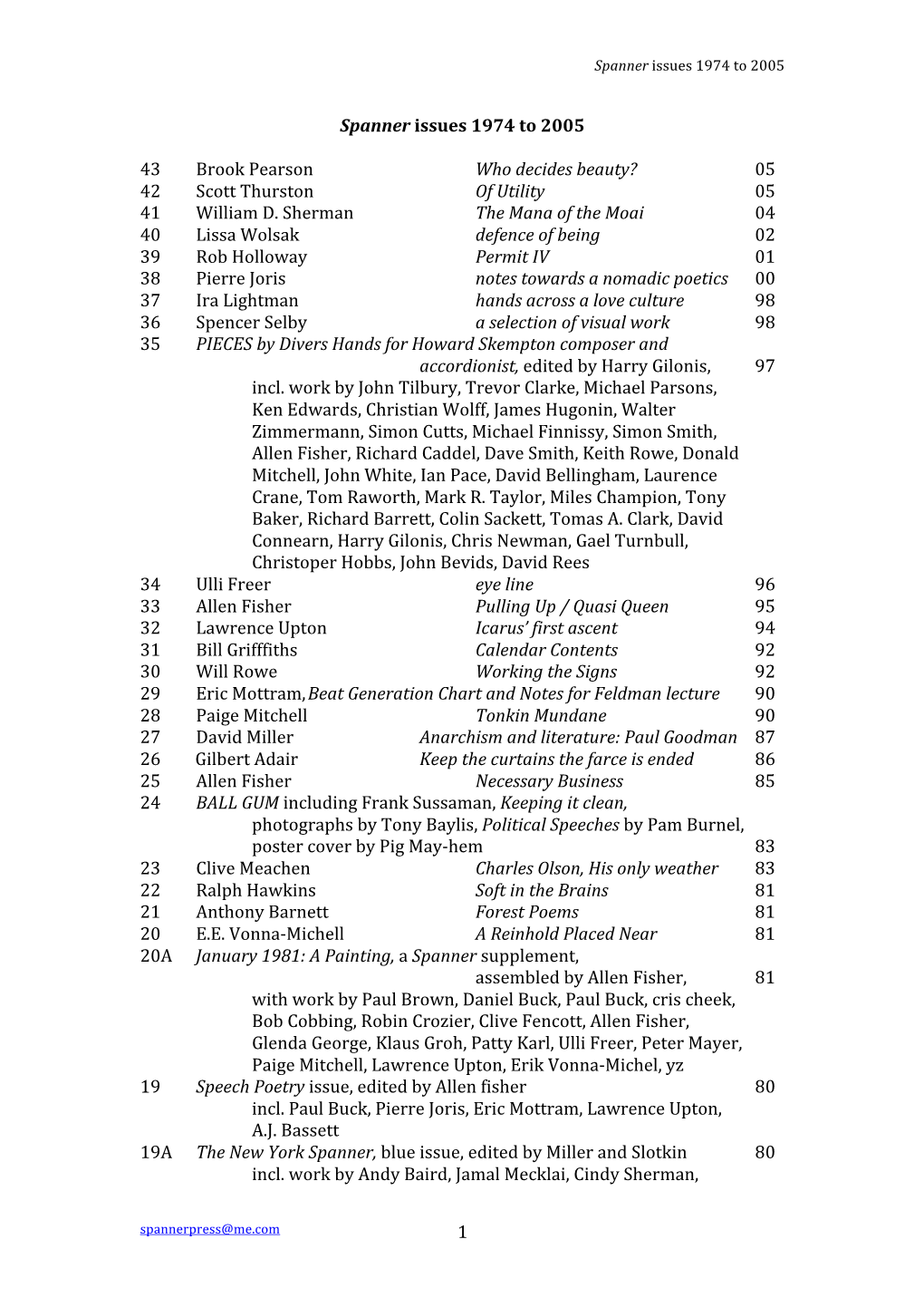 Spanner Issues 1974 to 2005