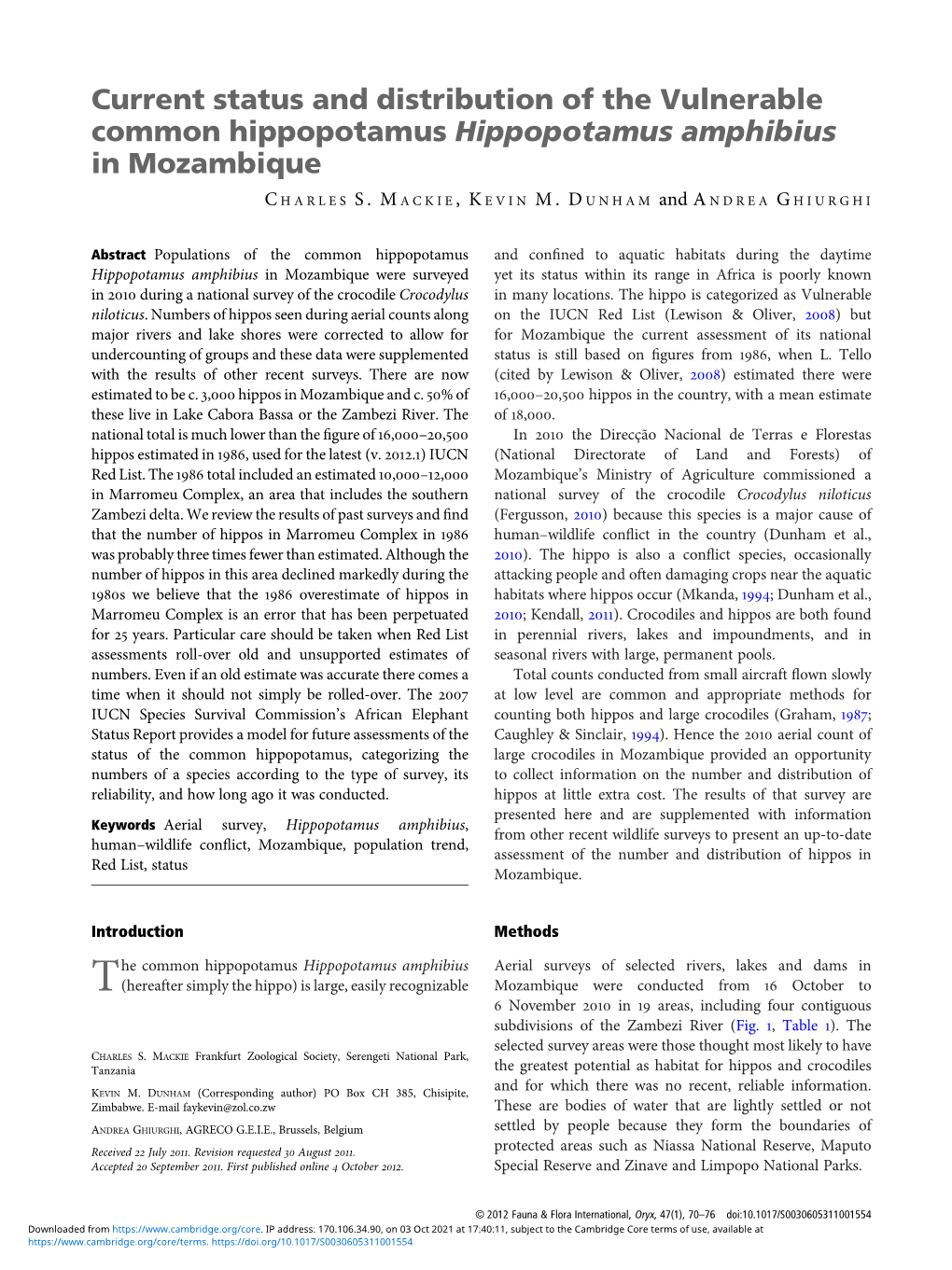 Current Status and Distribution of the Vulnerable Common Hippopotamus Hippopotamus Amphibius in Mozambique