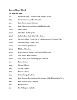 Baseball Record Book All State Players 2014 Douglas Bradley