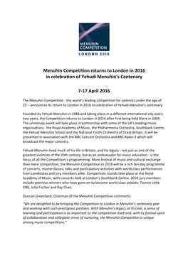 Menuhin Competition Returns to London in 2016 in Celebration of Yehudi Menuhin's Centenary
