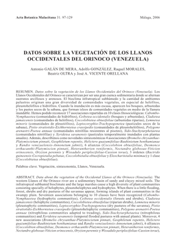 Datos Sobre La Vegetación De Los Llanos Occidentales Del Orinoco (Venezuela)