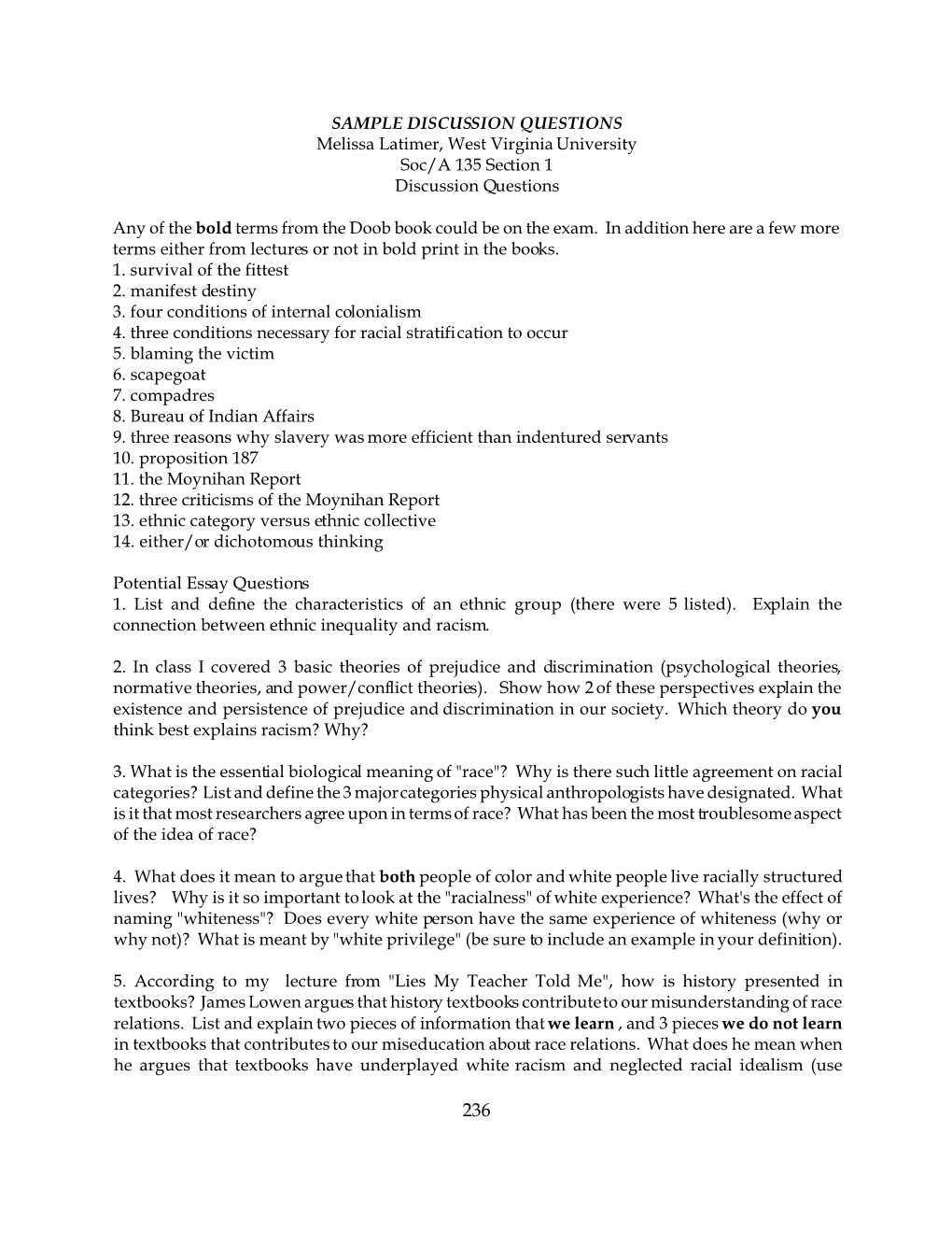 SAMPLE DISCUSSION QUESTIONS Melissa Latimer, West Virginia University Soc/A 135 Section 1 Discussion Questions