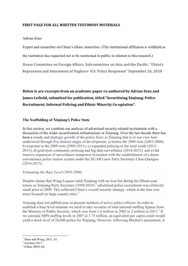 FIRST PAGE for ALL WRITTEN TESTIMONY MATERIALS Adrian Zenz Expert and Researcher on China's Ethnic Minorities. (The Instituti
