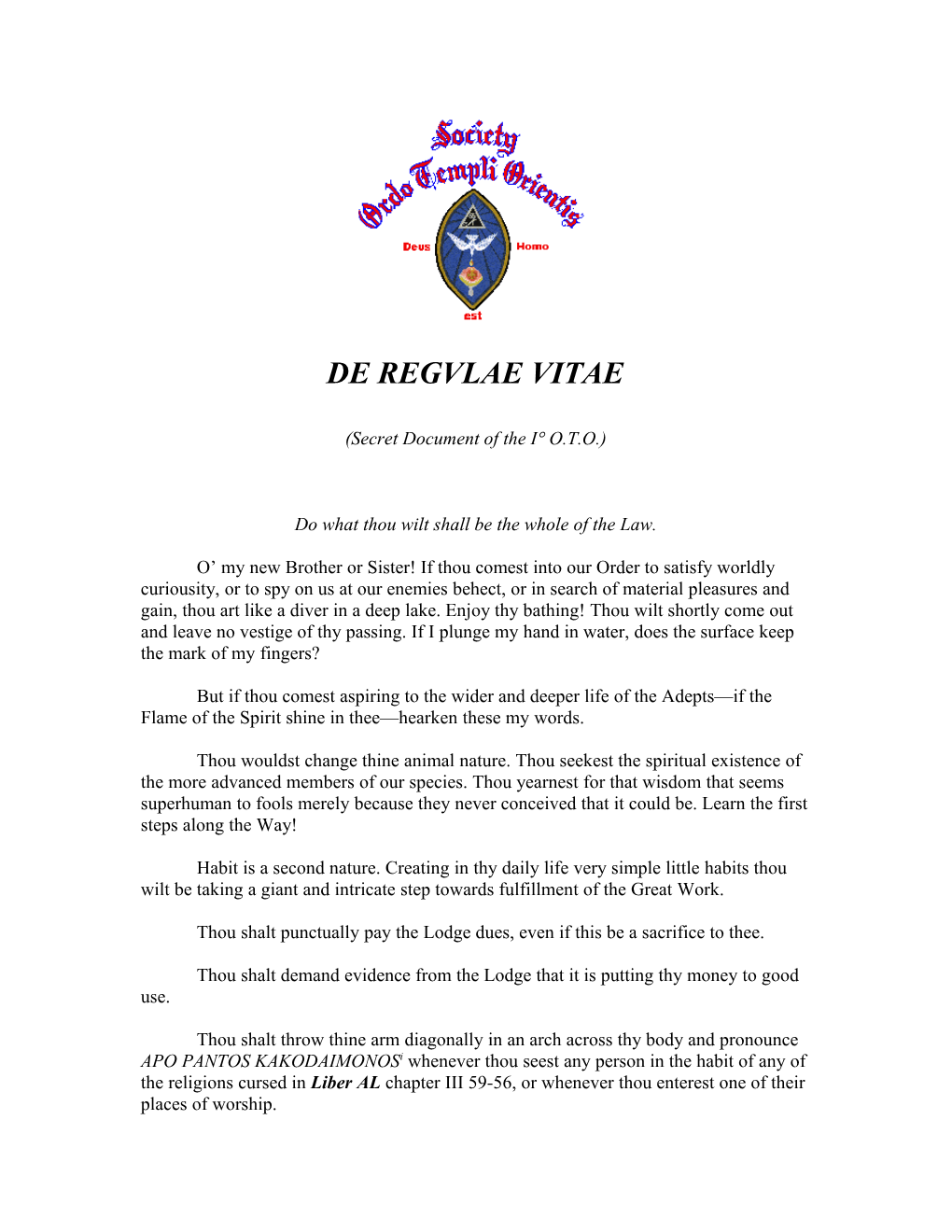 DE REGVLAE VITAE (Secret Document of the I O.T.O.)