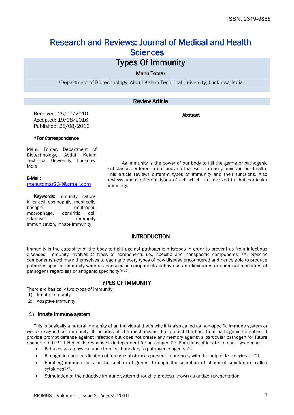 Journal of Medical and Health Sciences Types of Immunity