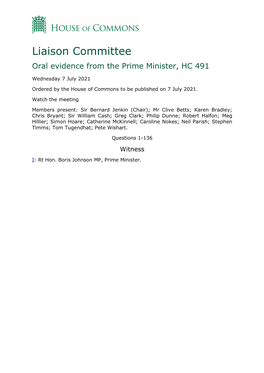 Liaison Committee Oral Evidence from the Prime Minister, HC 491