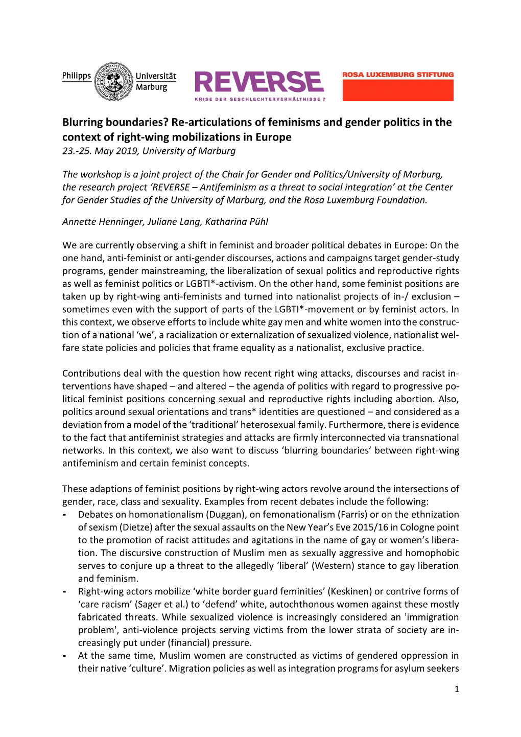 Blurring Boundaries? Re-Articulations of Feminisms and Gender Politics in the Context of Right-Wing Mobilizations in Europe 23.-25