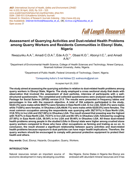 Assessment of Quarrying Activities and Dust-Related Health Problems Among Quarry Workers and Residents Communities in Ebonyi State, Nigeria