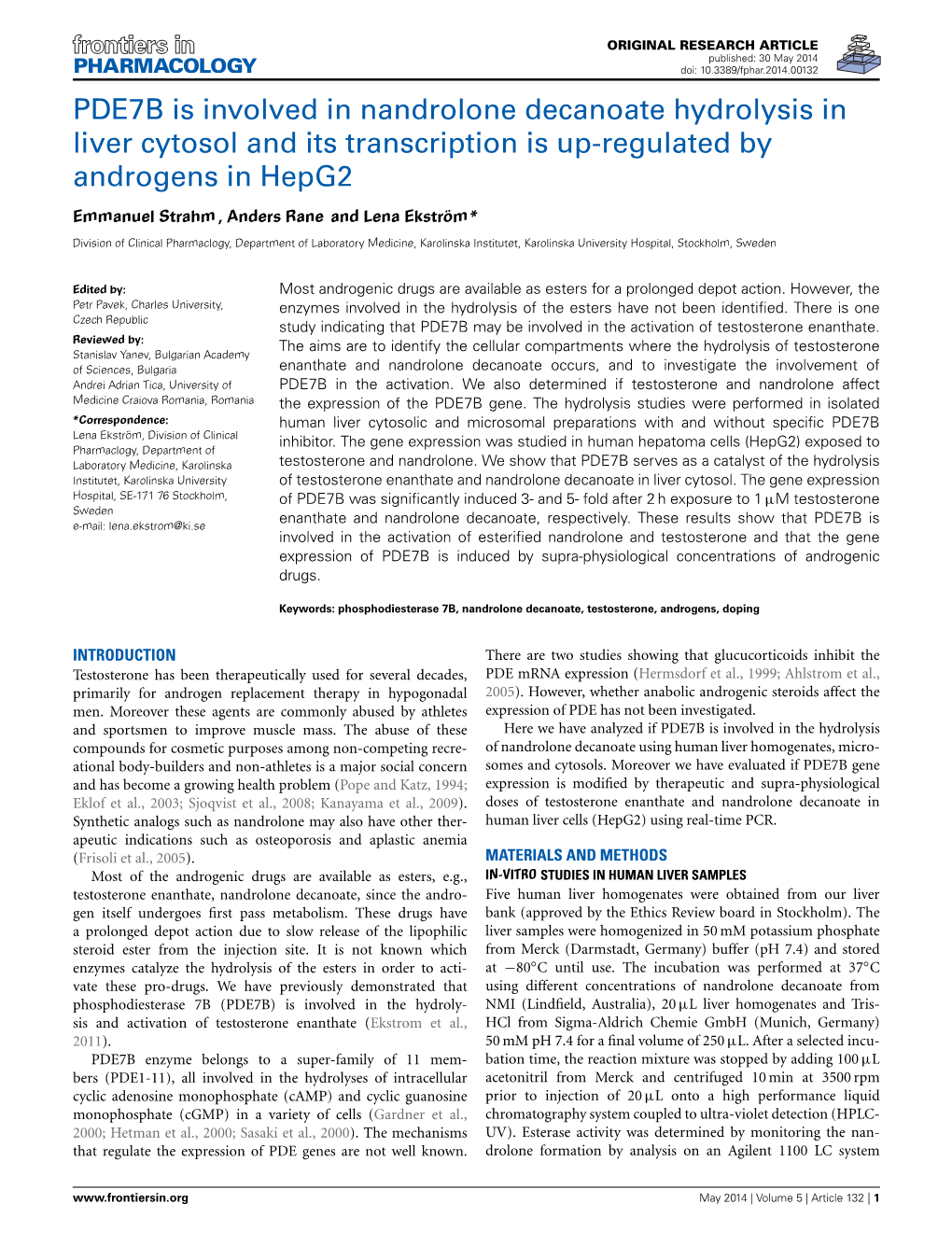 PDE7B Is Involved in Nandrolone Decanoate Hydrolysis in Liver Cytosol and Its Transcription Is Up-Regulated by Androgens in Hepg2