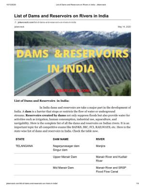 List of Dams and Reservoirs on Rivers in India - Jobercrack