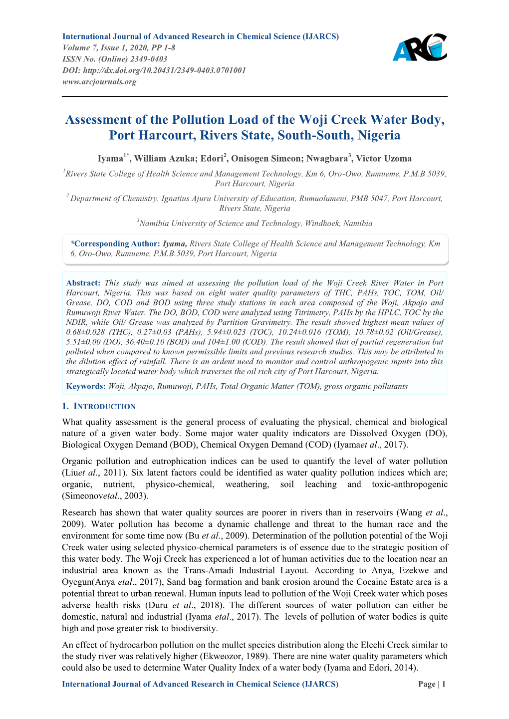 Assessment of the Pollution Load of the Woji Creek Water Body, Port Harcourt, Rivers State, South-South, Nigeria