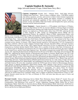 Captain Stephen R. Sarnoski Judge Advocate General’S Corps, United States Navy (Ret.)