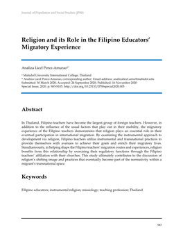 Religion and Its Role in the Filipino Educators' Migratory Experience