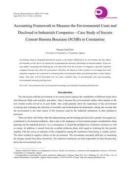Accounting Framework to Measure the Environmental Costs and Disclosed in Industrials Companies—Case Study of Societe Cement Hamma Bouziane (SCHB) in Constantine