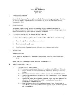 Syllabus for MUS 350—Hymnology 2 Credit Hours Spring 2005 I